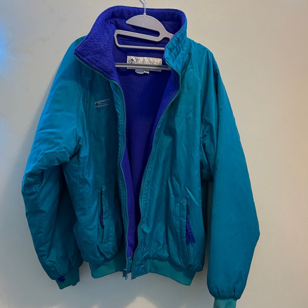 Men’s vintage teal and purple Columbia bomber jacket.